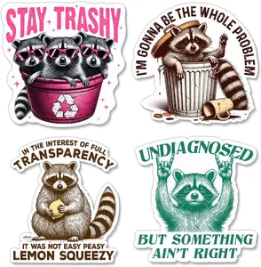 Funny Raccoon Sticker Set – 4 Unique Sarcastic Phrases for Laptop Water Bottle Phone Journaling Hard Hat Car Bumper Durable Waterproof Vinyl