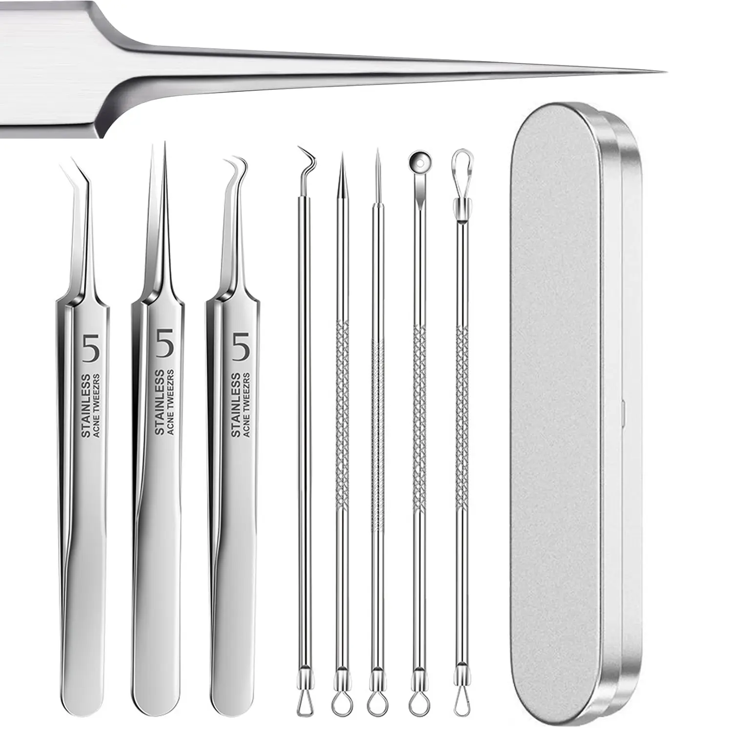 8PCS Professional Stainless Steel Skincare Tool Set - Ergonomic Handle, Travel Storage Case, Pore Removal, Acne Extractor, Multifunctional Non-Invasive Beauty Accessories Kit