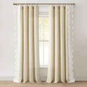 Lush Decor Scalloped Edge Lace Border Window Curtain Panel Single 52x84 Linen Like Cotton Fabric Vintage Farmhouse French Country Style Interior Decoration Accessories