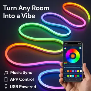 5M RGB Neon Light Strip, Bluetooth APP Controlled LED Mood Lighting with Music Sync & Remote Control, USB Powered Lights for Bedroom, Gaming Room & Party Decor