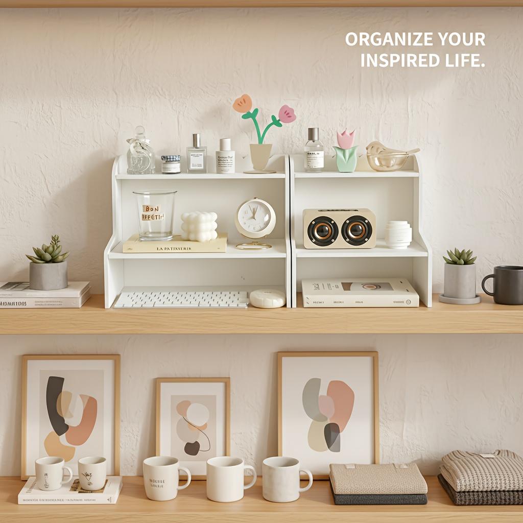 Minimalist White Desktop Organizer Shelf – Multi-Use Storage Rack for Books, Cosmetics & Office Supplies, Space-Saving Desk Organizer for Dorm, Bedroom & Home Office
