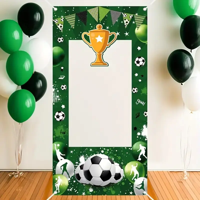 1 pce, football party backdrop, Backdrop Background, Football party banner, Ornaments - frame with football trophy and player silhouette, sports-themed design, suitable for birthday decorations, football celebration, decorations enhancing atmosphere
