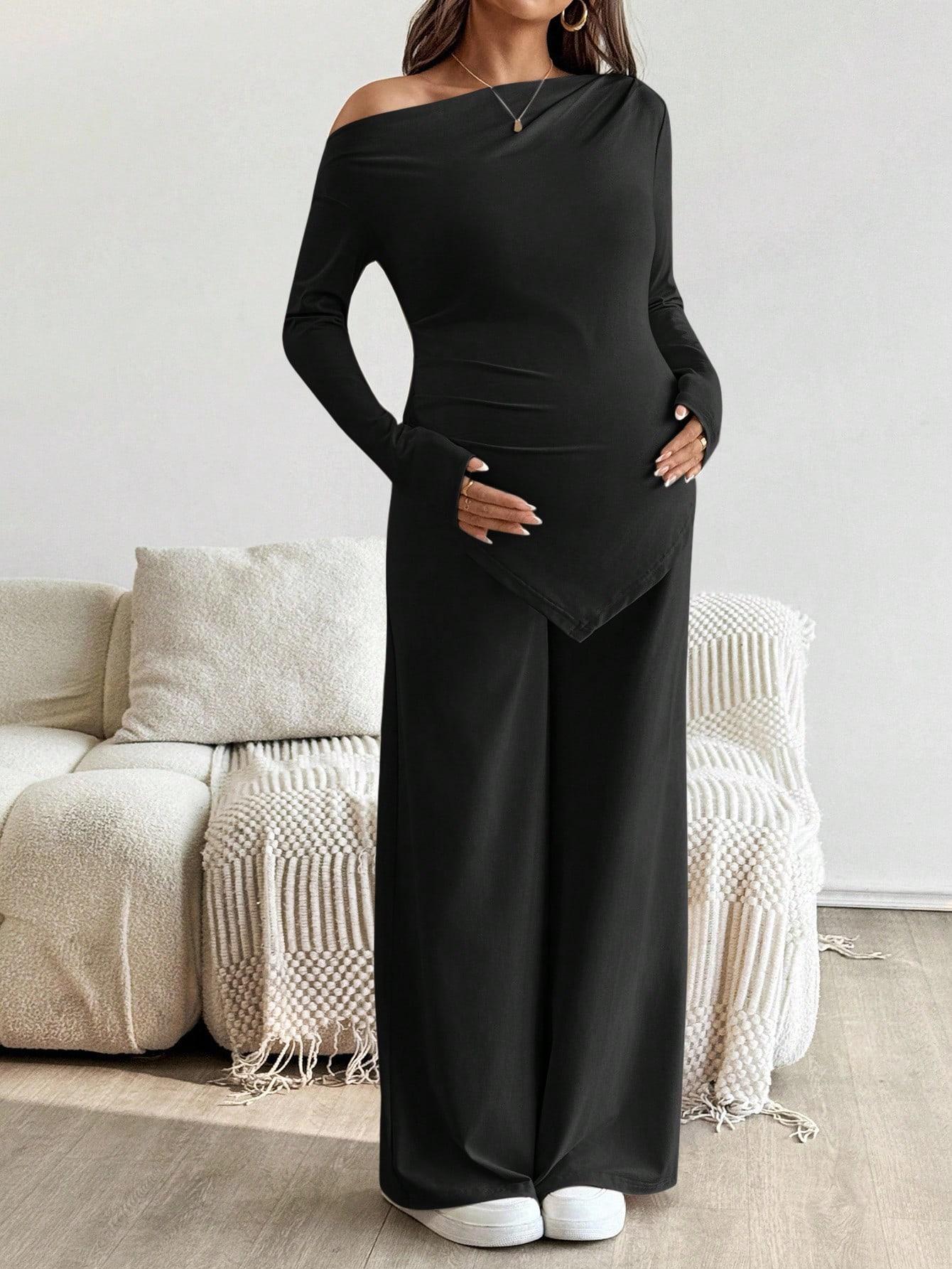 ZESTY MATERNITY Pregnant Women Casual Solid Color Asymmetric Top And Pants Set Stylish Maternity Two Piece Set Everyday Wear Autumn Season