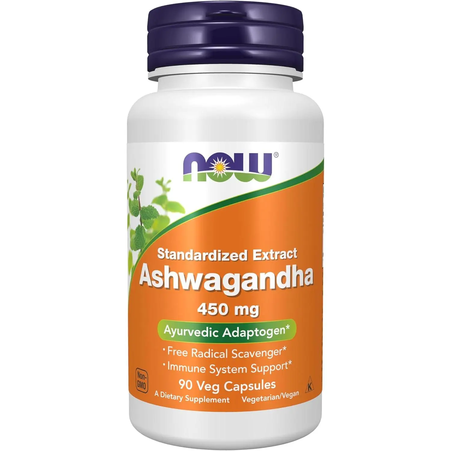NOW Supplements Non-GMO Ashwagandha (Withania somnifera) Herbal Supplement - 450mg Standardized Extract, 90 Vegetarian Halal Gluten-Free Dairy-Free Vegan/Kosher Capsules for Adults' Immune & Natural Health Support