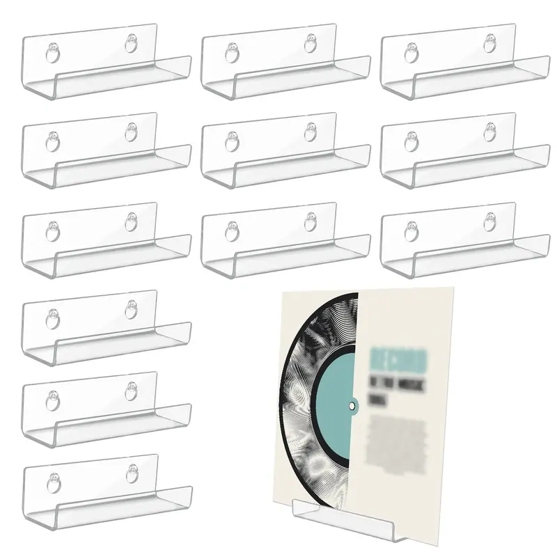 12pcs 4 Inch Clear Vinyl Record Holder, Invisible Record Shelf Wall Mount Acrylic Album Record Stand Floating Record Display Rack for Daily Displaying CD/LP
