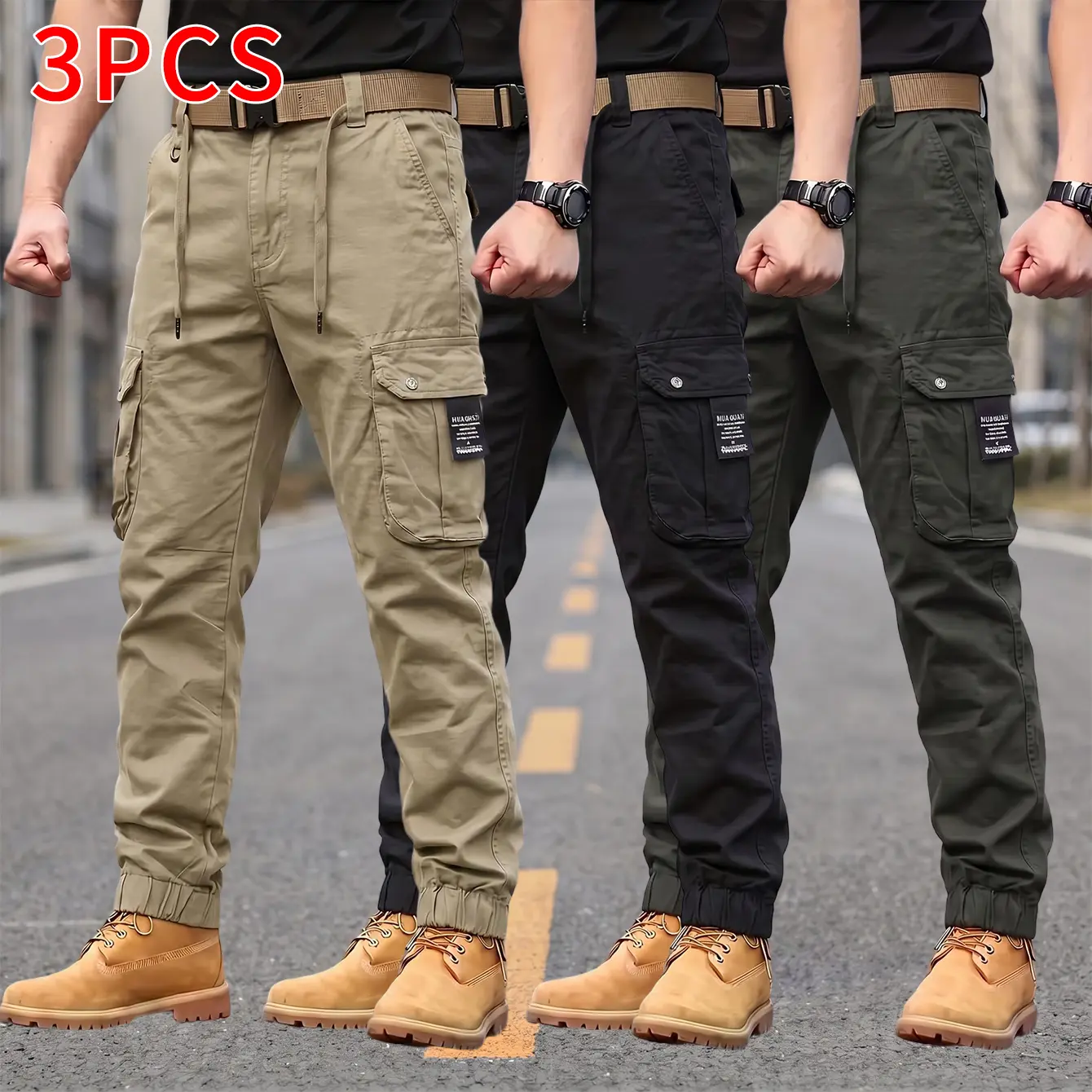 Men’s 3-pack cargo jogger pants with snap closure, drawstring waist, wear-resistant fabric, outdoor casual tactical long pants