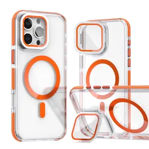 iPhone16 Pro Max Magsafe Case with Transparent Lens Protection and Kickstand, White - Smartphone, Accessories Protective Shockproof Cover Casing Cellphone Protector