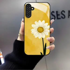 Phone Case - Chic And Versatile Black Glass Phone Cover Designed for Various for Samsung for Galaxy Models, Featuring a Fresh Daisy Watercolor Design in Warm Tones, with a Rectangular Shape