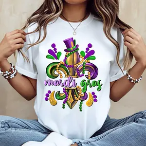 Women Casual T-Shirt White Mardi Gras Fleur De Lis With Beads And Hat Design For Festival Celebration
