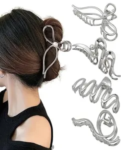 4 Pcs Metal Hair Claw Clips - Irregular Large Clips for Women, Non-Slip Styling Accessories for Thick and Thin Hair (Silver)