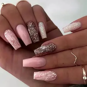 1 Box Glitter & Marble Design Fake Nails with Tools, Glittering Fake Nails, Glossy Long Square False Nails for Women & Girls DIY Nail Art, Glitter Base French Tip French Style Press On Nails, Elegant Stick On Nails Kit, Manicure Accessories, Easy to Apply
