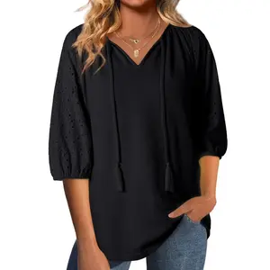 Dokotoo Women's V Neck Tops with Tassels, 3/4 Sleeve, Embroidered Blouse, Waffle Knit Fabric, Relaxed Fit, Casual Style