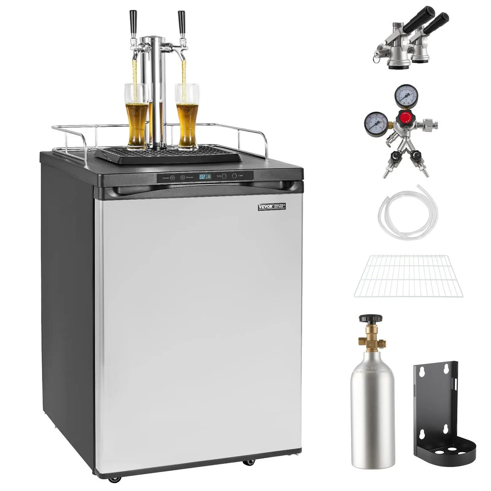 VEVOR Beer Kegerator, Dual Tap Draft Beer Dispenser, Full Size Keg Refrigerator With Shelf, CO2 Tank(No Gas), Drip Tray & Rail, 23°F- 82.4°F Temperature Control, 162L, Silver