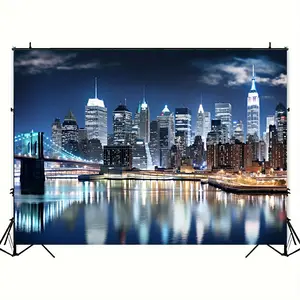 New York City Night Skyline Backdrop - 1pc Polyester Wall Decor for Home, Studio & Party Banners, Manhattan Skyscraper, Lighting Background Video, Banner Decorations