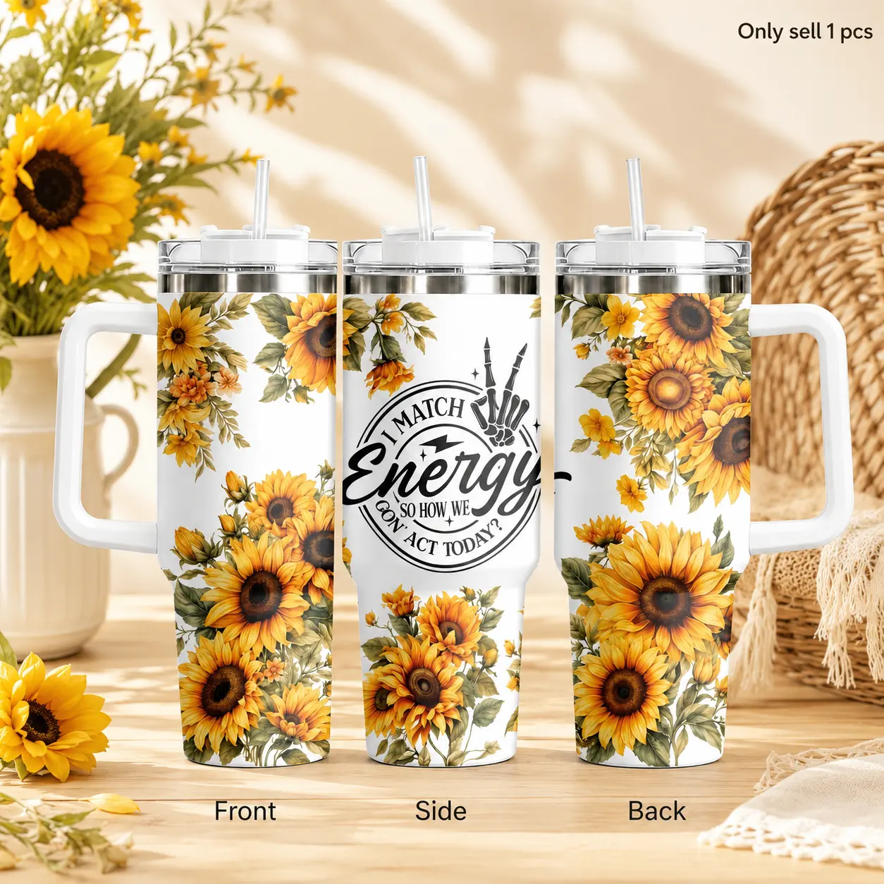 GuLuBoo Sunflower Floral Positive Energy Blooms Vacuum Flasks 40oz Stainless Steel Insulated Tumbler, Leak-proof Travel Mug with Straw, Portable Water Bottle for Coffee, Gym & Office, Creative Drinkware Cups Ideal Holiday Gift