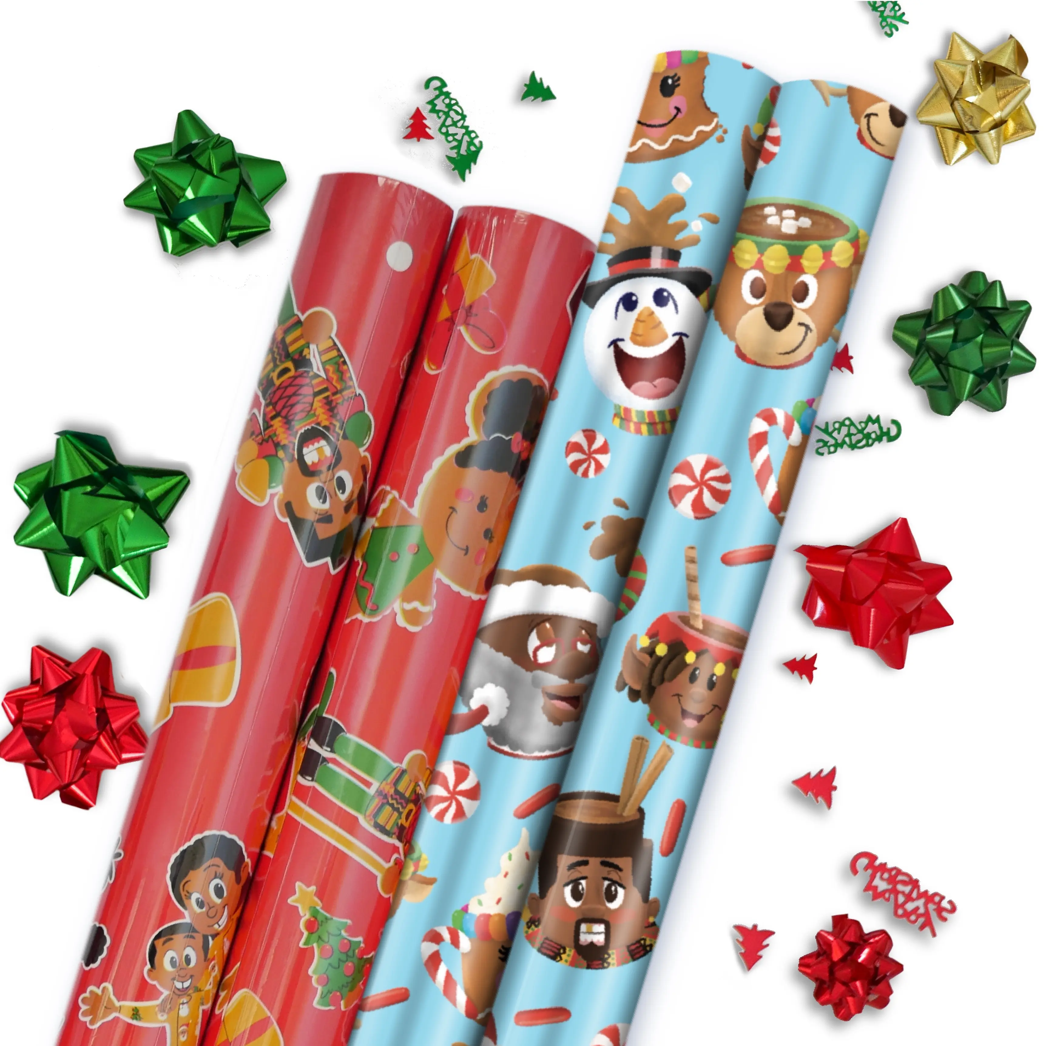 Black Santa 4 Roll Multipack by The SivART Gallery Christmas Gift Wrap - Set of 4 Rolls - Featuring African American Black Characters