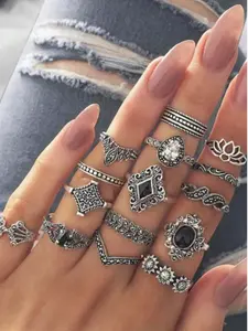 15pcs Vintage Punk Ring Set for Women, Teardrop Flower Hollow Stackable , Fashion Jewelry