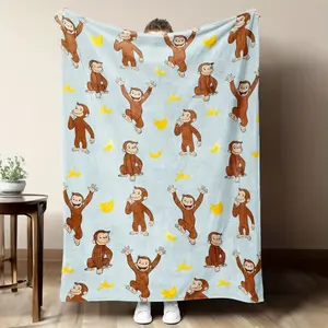 Soft Flannel Throw Blanket With Curious George Monkey & Banana Pattern Kids Blanket Cozy Warm Light Blue Cartoon Design For Sofa Bed Office Perfect Gift For Friends Family Kids Boys Girls Birthday Cute Throw Blanket All Season
