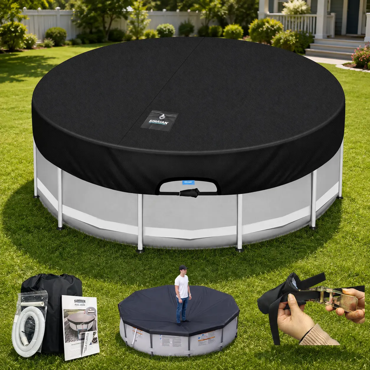 SIHAIAN Round Pool Cover, with Automatic Drain Stock Tank Pool Cover, Patented One-Piece Tensioning System Above Ground Pool Cover, Preventing Waterlogging, Yarn-Dyed Oxford Fabric Solar Cover