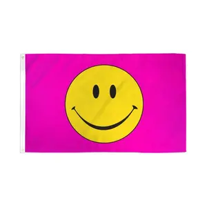 Happy Face Pink Polyester Banner, 3x5ft Dye Sublimation Print, Bold Colors, with Header Tape for Home Festive Party Backdrops, Banners