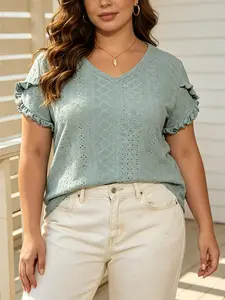 Lace Top for Plus Size Women, V-Neck Ruffle Design, Breathable Short Sleeve, Slimming Effect, Casual Daily Wear, Office, Vacation