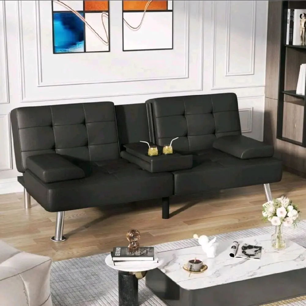 Convertible Faux Leather Futon Sofa Bed  3-Position Recliner Couch with Cup Holders for Living Rooms Dorms Small Spaces & Guest Rooms