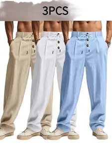 3-Pack Men's Linen Pants, Casual Loose-Fit H-Type Trousers, All-Season Natural Waist, Perfect Gift for Boyfriend