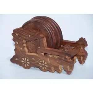 Handcrafted Wooden Round Coaster in Horse Cart Holder (6 - Pack)