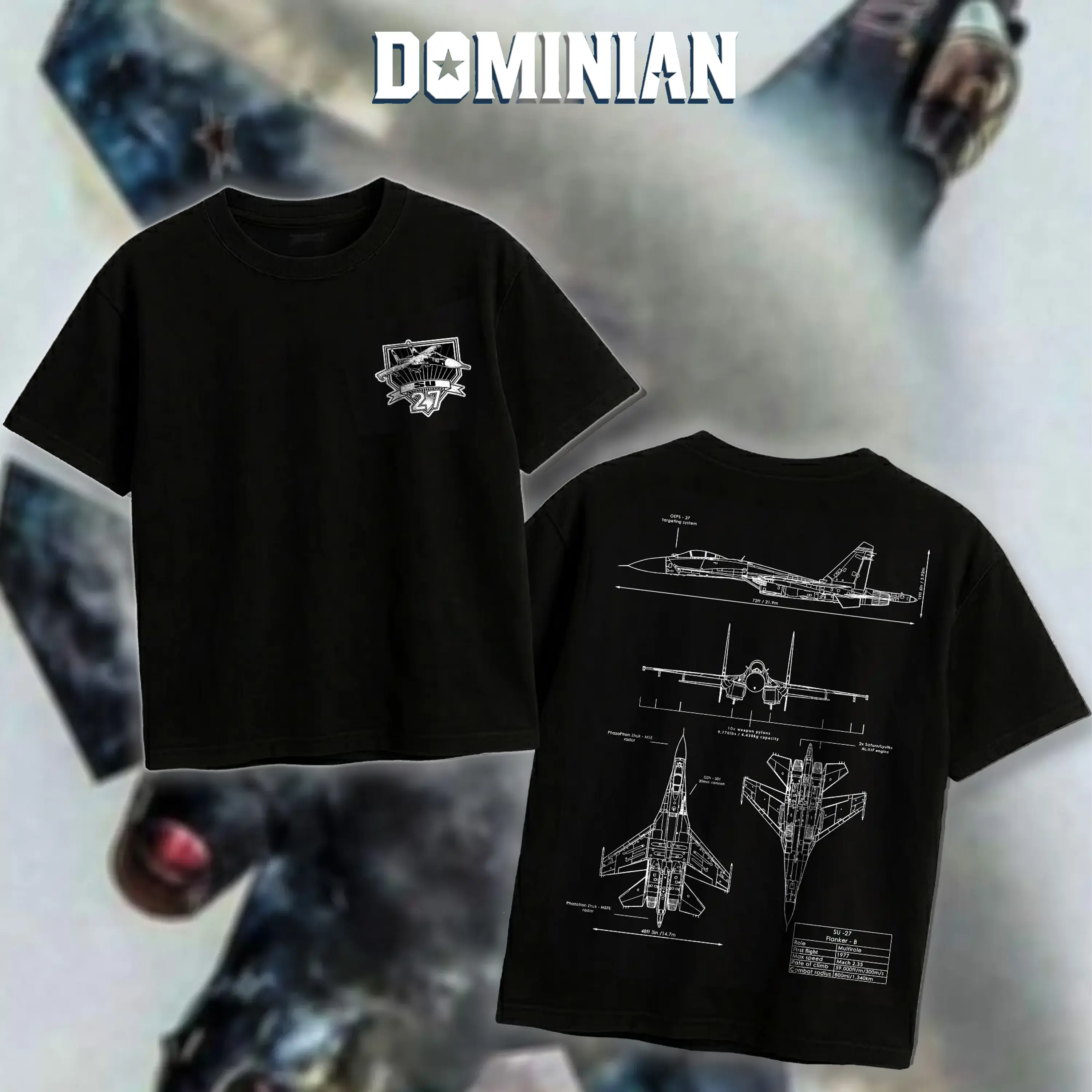 DOMINIAN Su-27 Flanker Blueprint T-Shirt/Hoodie Vintage Sukhoi Aviation Graphic Tee Military Enthusiast Streetwear Clothing Gift for Men Breathable Printing