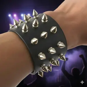 Punk Gothic Rock Wide Cuff Leather Bracelet for Men. Studded Biker Wristband, Triple Row Metal Cone Spike Cuff. Gothic Charm Accessories, Unique Gift for Him.