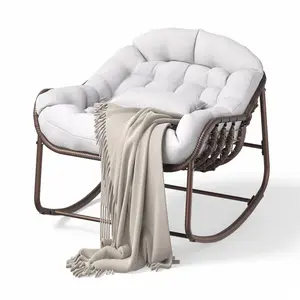 GAOMON Outdoor Papasan Rocking Chair, Oversized Wicker Lounge Chair with Cushion and Metal Frame, Patio Rattan Egg Rocker for Balcony Backyard Porch Bedroom, White
