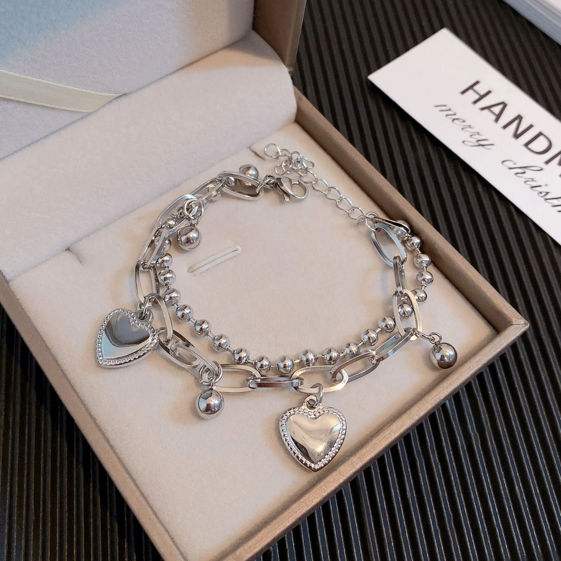 2PCS Titanium Steel Bracelets Double Layer Hip Hop Heart Fashion Metal Cool Style New Trendy Jewelry