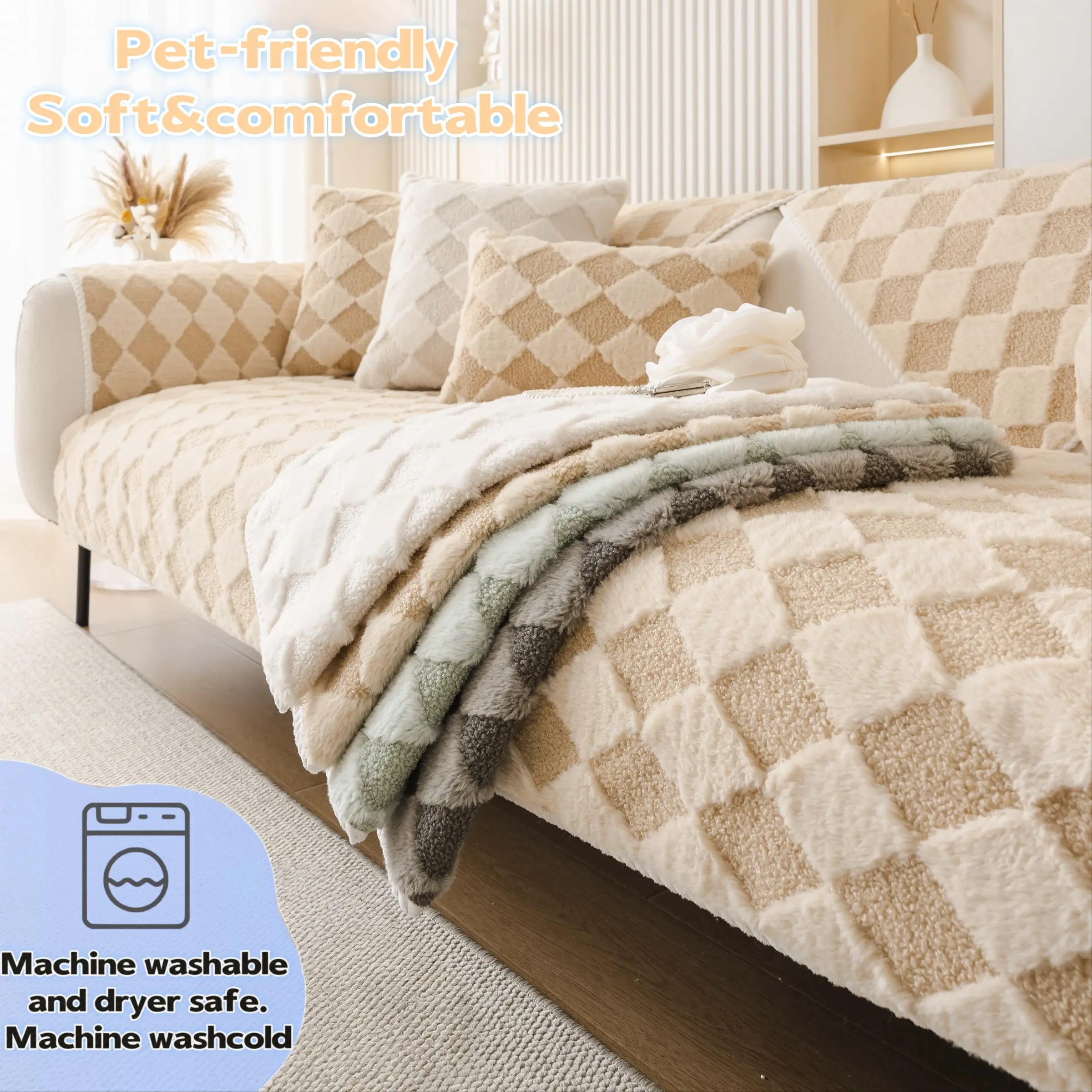 1PC Plush Checkered Sofa Cover, Sofa Slipcover, Washable Couch Slipcover, Pet-Friendly Anti-Scratch, Non-Slip Machine Washable Sofa Protector for Dogs & Kids, Fits 1/2/3/4-Seater, Sectional Sofa