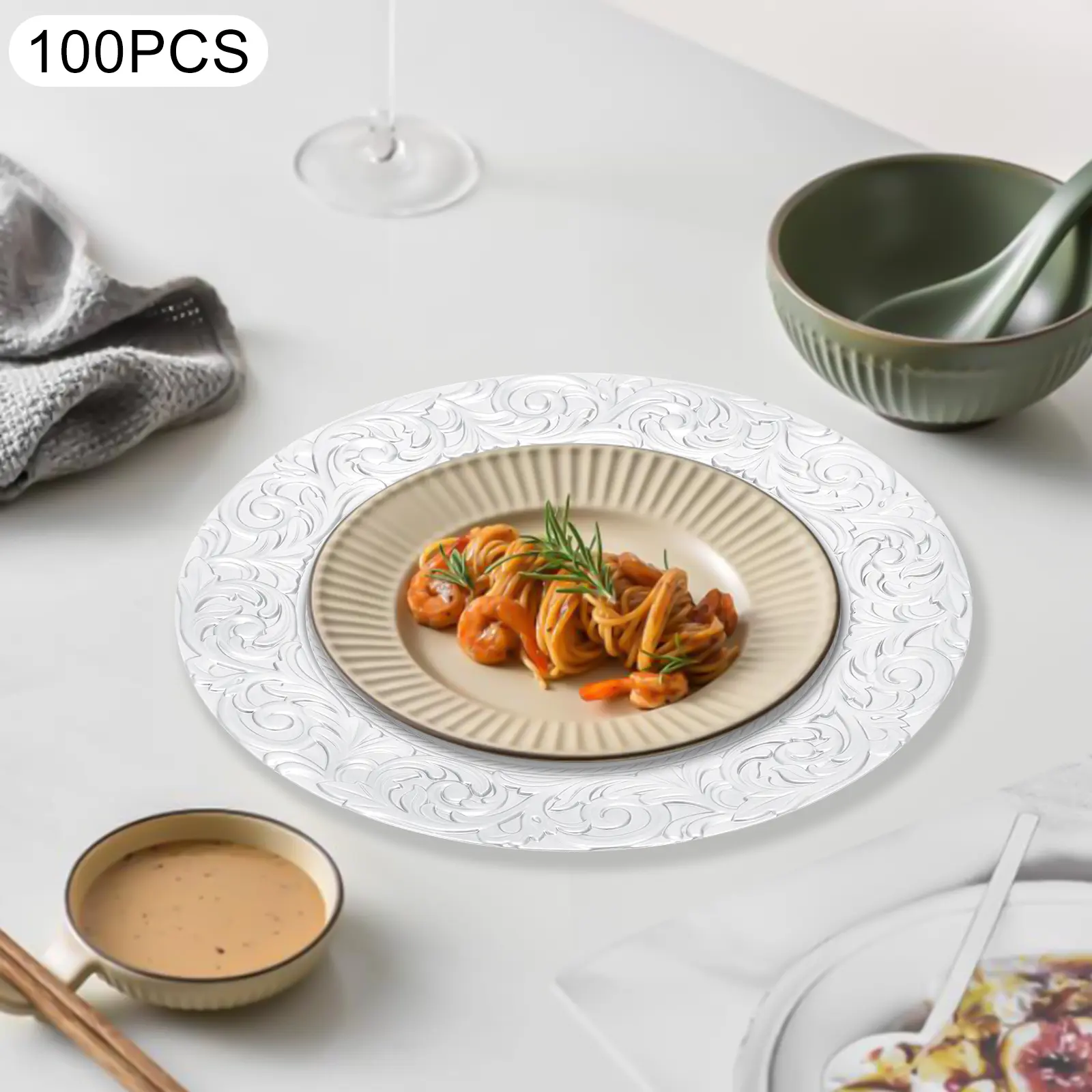 SHANGMAKEL 100-Pack Silver Round Disposable PP Plastic Charger Plates (33*2cm/12.99*0.79in) - No Assembly, Disposable Tableware, Party, Business Wedding/Birthday Banquet Table Setting Kitchenware, Modern