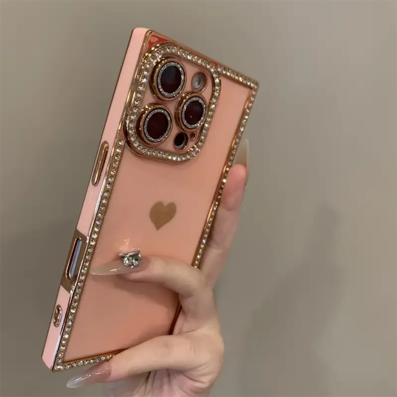 Women's Heart-Shaped Rhinestone-Encrusted Square TPU Smartphone Casing with Lens Protector, Screen Protector, Shockproof Customized Cover for iPhone 17 Pro Max,16,15 Pro Max,14,13,12 (Handheld Cellphone Devices Accessory)