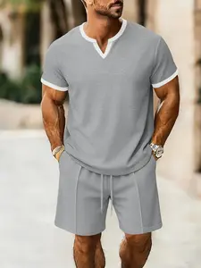 Men's 2-Piece Set, Waffle Fabric Fashion Simple Colorblock V-Neck T-Shirt + Shorts, Casual Loose-Fitting Sportswear for Vacation Jogging