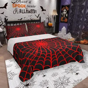 Spider Web Kids Sheet,Happy Halloween Geometric Abstract Bedding Set,Boys Girls Women Men Room Decor,Happy Halloween Holiday Red Black Bed Sheet Set,(Fitted + Flat Sheet)