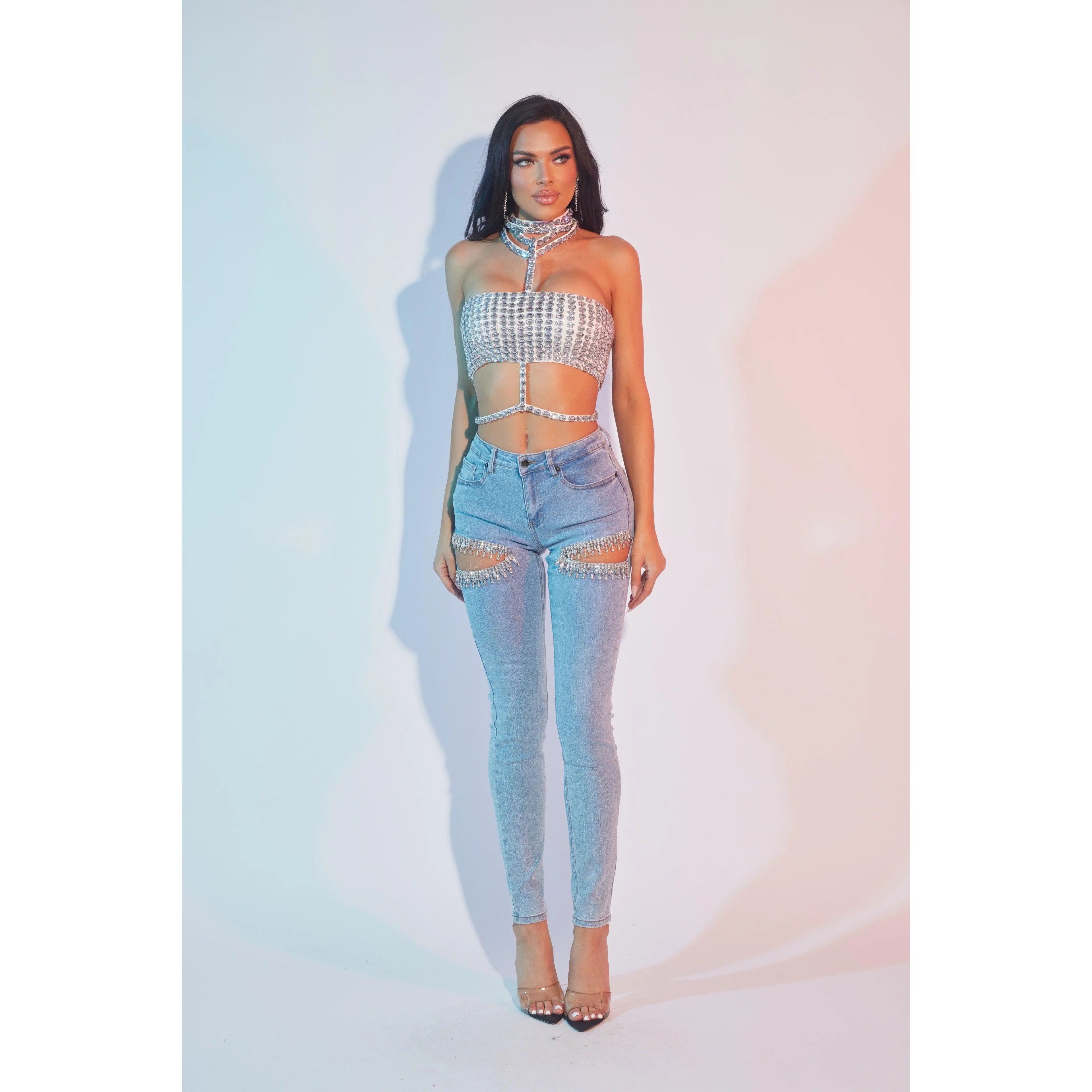 Rhinestone Cutout Jeans