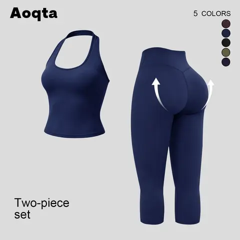 Aoqta Women's 2-Piece Quick Dry Activewear Set - Halter U-Neck Sleeveless Tank Top & High Waist Capris Leggings, Machine Washable Activewear Fitness Outfit, Athletic Clothes Set for Yoga, Training