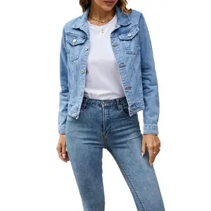 Women's Basic Button Down Stretch Fitted Long Sleeves Denim Jean Jacket
