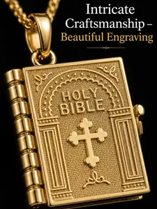 Gold Holy Bible Pendant Necklace – Openable Scrollable Mini Book Jewelry, Faith Jewelry Gift for Women & Men