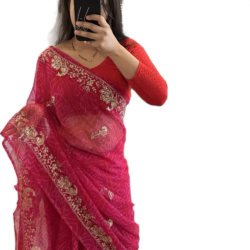Women's Handmade Embroidered Badani Print Saree with Falls and Picco - Formal Wear, Special Occasion Formal Dress, Printed