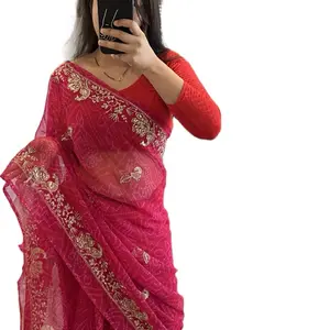 Women's Elegant Formal Traditional Handcrafted Embroidery Badani Print Saree with Falls and Picco for Ladies