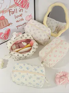 Women's Bow Print Zipper Bag with Ribbon Decor, Travel Makeup Organizer, Travel Cosmetic Bags, Skincare Storage Pouch, Cosmetic Pouch, Handheld Cosmetic Pouch, Cosmetics Organizer, Sweet Style Pencil Case Gift, Makeup Organizer Pouches