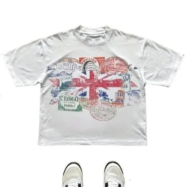 Retro UK Stamp Graphic Tee | Vintage Travel Postmark Streetwear Unisex Oversized White T-Shirt | Y2K Aesthetic