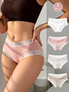4-Pack Ladies Sweet Milk Silk Briefs Set, Heart Pattern & Lace Edge, Ultra-Soft & Breathable, Full Butt Coverage, S-2xl