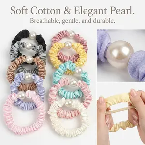 Vicafan Elegant Satin Faux Pearl Hair Ties 10pcs Soft Elastic Comfortable Bands for Women Teen Girls Girlfriends Fashion Accessories Mother's Day Gift