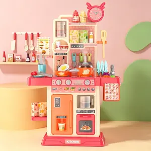 King Size Pretend Play Kitchen Toys for Kids 45PCS Complete Playset with Real Steam, Stove, Play Sink, Sound & Light Effects, Realistic Accessories, Educational Role Play Gift for Toddlers Girls & Boys Age 3-8