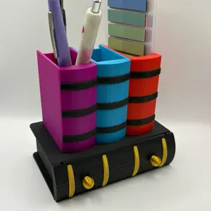 Bookish Container - Colorful Book-Shaped Organizer with Pen Slots and Gold Accents for Desk Organization
