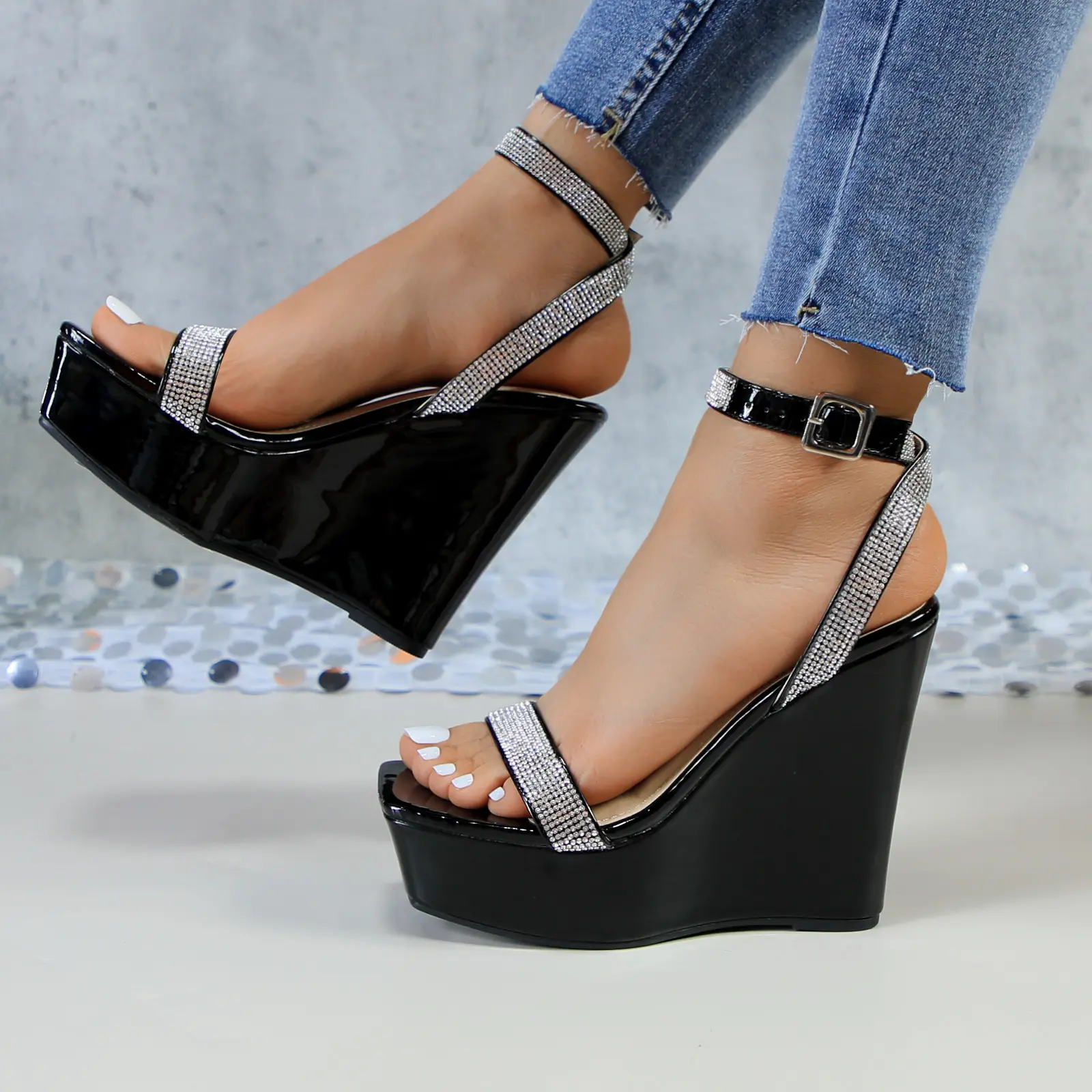 Women's Rhinestone Platform Wedge Sandals, Open Toe Ankle Strap High Heel Dress Shoes with Adjustable Buckle for Wedding and Party